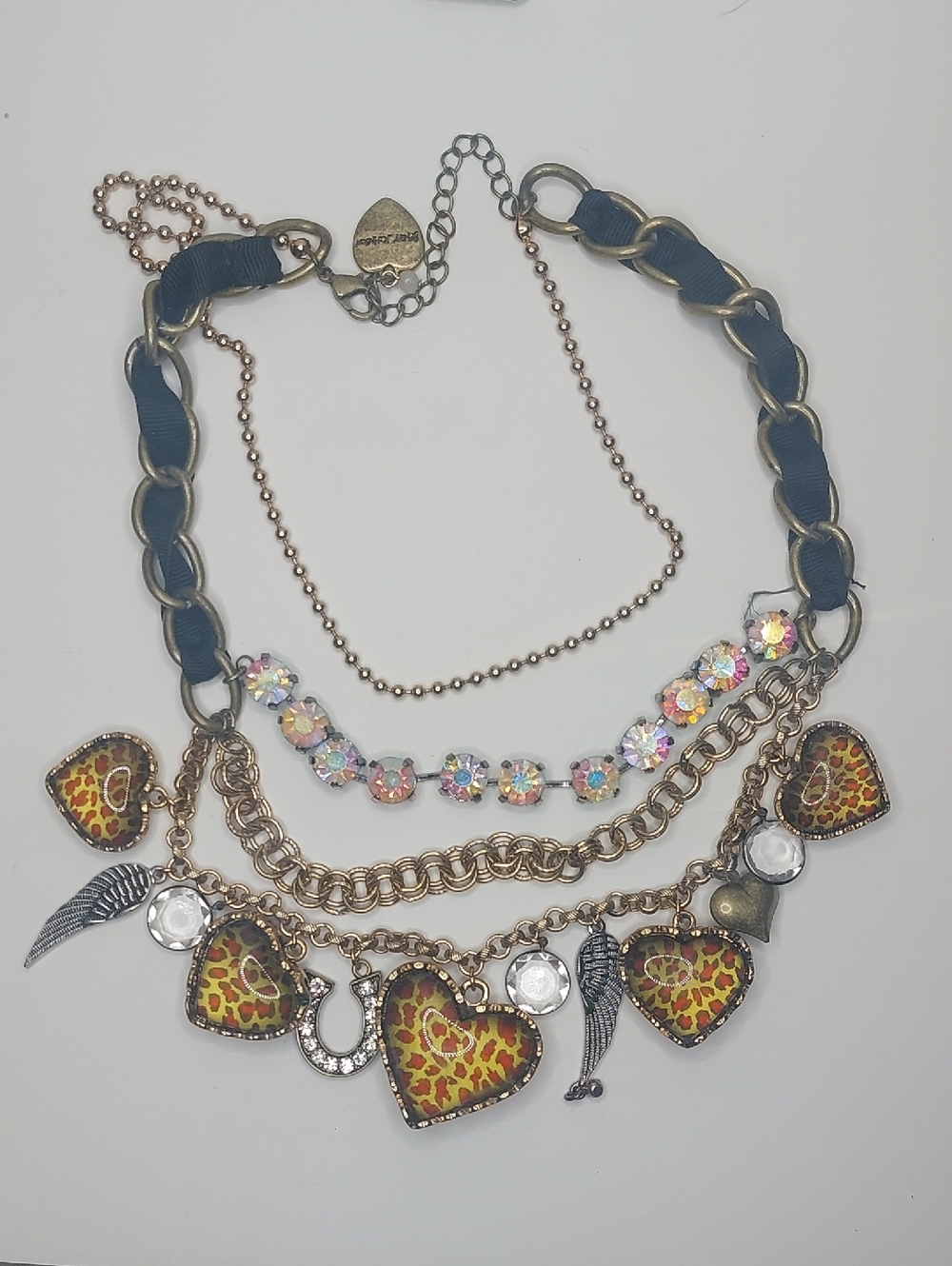 Betsey Johnson Leopard Lucite Puffy Heart Charm 4 Tiered Statement Necklace - Picture 10 of 16
